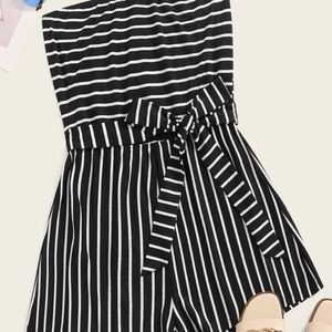 Too small for me black and white striped strapless romper.